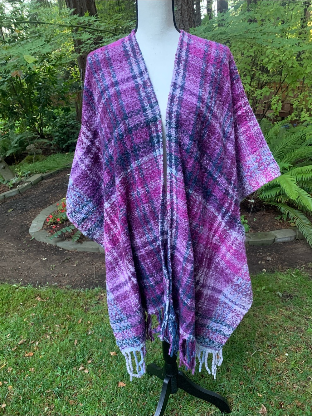 Woolrich Pink & Purple Plaid Open-Front Cape style WrapNWOT